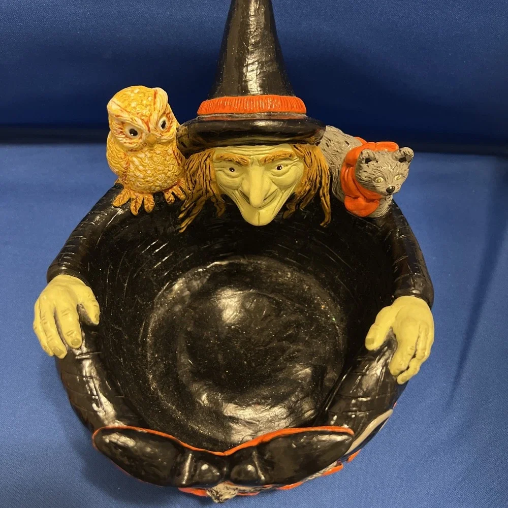 Vtg '85Accents Unltd Halloween Trick Or Treat Witch Owl Cat Chalkware Candy Bowl